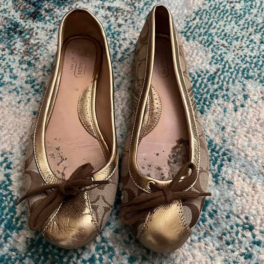 Coach Metallic Gold flats with Shoelace Bow
